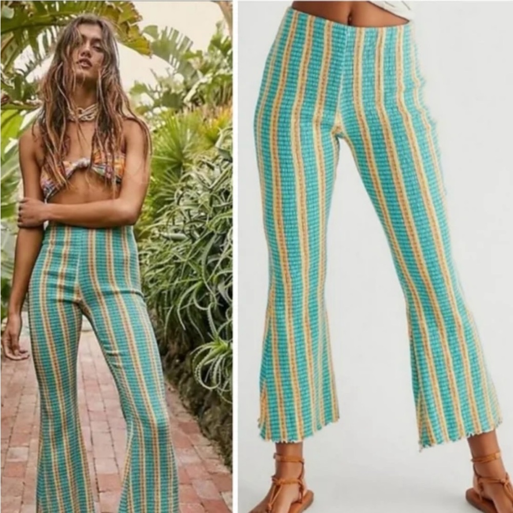 Free People Green and Yellow Striped Flared Pants XS